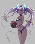  bare_shoulders bikini blue_eyes blush breasts choker commentary elsword groin hair_ornament holding horns long_hair looking_at_viewer luciela_r._sourcream md5_mismatch navel noblesse_(elsword) parted_lips pointy_ears sidelocks simple_background small_breasts solo star star-shaped_pupils swimsuit symbol-shaped_pupils tail twintails waero 