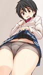  2015 :d black_hair blush bow boyshorts brown_eyes cameltoe dated from_below gin_(ginshari) looking_down open_mouth original pleated_skirt school_uniform short_hair simple_background skirt skirt_lift smile solo sweatdrop 