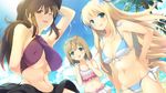  3girls bikini blonde_hair breasts brown_hair cleavage erect_nipples evenicle game_cg green_eyes happy hat highres huge_breasts large_breasts long_hair looking_at_viewer multiple_girls navel open_mouth palm_tree ponytail purple_eyes short_hair sky small_breasts smile standing swimsuit wink yaegashi_nan 