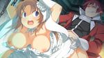  1boy 1girl areolae armpits arms_up bent_over blue_eyes blush bouncing_breasts breasts breasts_outside bride brown_hair chains clenched_teeth clothed_sex evenicle game_cg highres jacket large_breasts long_hair looking_back nipples open_mouth rape sex slave vaginal wedding_dress yaegashi_nan 