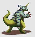  2015 ambiguous_gender claws digimon ears_back fangs fur gabumon hindpaw horn looking_back orange_eyes paws pelt plain_background rear_view scales sefeiren spikes stripes thick_tail white_background white_fur yellow_scales 