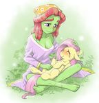  2015 barefoot blush cleavage clothed clothing cute cutie_mark dreadlocks duo equine eyes_closed female feral fluttershy_(mlp) friendship_is_magic hair human mammal my_little_pony on_lap outside pegasus pink_hair purple_eyes sitting smile ta-na tree_hugger_(mlp) two_tone_hair wings 