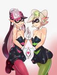  2girls aori_(splatoon) bare_shoulders black_dress breasts cleavage clenched_teeth collarbone detached_collar domino_mask dress earrings female gloves grin half-closed_eyes hand_holding heart heart_hands heart_hands_duo highres hotaru_(splatoon) jewelry john_doe lips long_hair looking_at_viewer mask mole monster_girl multiple_girls neck nintendo parted_lips pointy_ears serious shoes short_dress small_breasts smile splatoon strapless strapless_dress teeth tentacle_hair white_gloves 