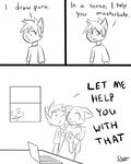  2013 animal_ears anthro black_and_white clothed clothing comic dialogue duo english_text feline humor looking_at_viewer male mammal monochrome plain_background simple_background slypon text uncomfortable 