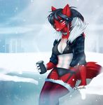  5_fingers abs anthro blue_eyes blue_hair canine cleavage clothed clothing collar drink female fur fur_coat garter_belt hair highlights jacket legs_together legwear lingerie looking_at_viewer mammal navel outside panties ponytail red_fur red_highlights scar signature sitting skimpy snow solo sparsile spiked_collar steam stockings underwear white_stomach wolf 