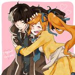  &lt;3 arm_grab black_hair bow couple gyakuten_saiban gyakuten_saiban_5 hair_ornament hand_on_head hug kizuki_kokone multicolored_hair orange_hair ponytail yuugami_jin 