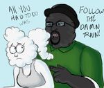  angry anthro beard big_smoke blue_background cartoon_network clothing cloud cloudy_jay crossover duo english_text eyewear facial_hair female frown glasses grand_theft_auto hat humor male not_furry open_mouth parody plain_background pointing pun regular_show rockstar_games sad text 