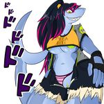  anthro areola breasts clitoris clothing english_text eyeliner fish gloves hair japanese_text long_hair marine mayhem_(renard) navel nipples onomatopoeia panties ponytail pussy quin-nsfw shark shirt short_shirt smile solo teeth text torn_clothing translated underwear 