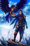  ambiguous_gender anthro armor avian clothed clothing cloud crossgender duo feathers feral flower hair human league_of_legends looking_at_viewer male mammal mountain outside plant pose purple_hair quinn_(league_of_legends) scar sky solthrys talons valor_(league_of_legends) video_games wings yellow_eyes 