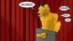  anthro balls begging blush bojack_horseman bound canine denial dog english_text erection fur golden_retriever male mammal mr._peanutbutter open_mouth orgasm_denial penis precum public solo stocks text tongue 