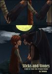  2011 anthro blush clothing comic doujinshi eye_contact hand_holding hiccup_(httyd) how_to_train_your_dragon human jotaku male male/male mammal moon night romantic text toothless 