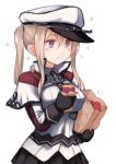  1girl bag black_gloves black_legwear black_skirt blonde_hair breasts capelet commentary_request cowboy_shot eating food gloves graf_zeppelin_(kantai_collection) grey_eyes hair_between_eyes hat iron_cross kantai_collection large_breasts military military_hat military_uniform miniskirt necktie pantyhose paper_bag peaked_cap pleated_skirt sidelocks simple_background skirt solo standing sweet_potato tsurime twintails uniform upper_body utopia white_background white_hat 