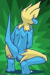  2015 abstract_background anthro anthrofied balls claws crouching lalzimsooodrunkrightnow looking_at_viewer looking_back male manectric nintendo nude pok&eacute;mon solo video_games 