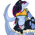  anthro areola breasts clothing english_text eyeliner fish gloves hair long_hair marine mayhem_(renard) navel nipples panties ponytail pussy quin-nsfw shark shirt short_shirt smile solo teeth text torn_clothing underwear 