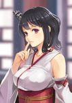  bare_shoulders black_hair blurry blush breasts depth_of_field detached_sleeves finger_to_mouth hair_ornament kantai_collection large_breasts lips looking_at_viewer nail_polish nontraditional_miko obi red_eyes sash short_hair solo tantaka upper_body yamashiro_(kantai_collection) 
