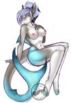  2015 anthro black_highlights breasts cyan_eyes cyan_skin female fish grey_hair grey_skin hair hand_on_breast highlights kaveri khaleesi long_hair looking_at_viewer marine navel nipples non-mammal_breasts nude ponytail shark sitting solo tail_fin thick_thighs toes watermark wide_hips 