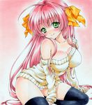  ahoge bare_shoulders black_legwear bow breasts cleavage green_eyes hair_bow large_breasts long_hair marker_(medium) millipen_(medium) off_shoulder original pastel_(medium) pink_hair ren_(endscape20) sitting smile solo sweater thighhighs traditional_media very_long_hair yokozuwari 