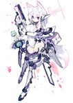  animal_ear_fluff animal_ears boots covered_navel elbow_gloves gloves greaves gun leg_up leotard mamuru mecha_musume minigirl multiple_girls original red_eyes rifle tattoo thigh_boots thighhighs weapon white_gloves white_hair 