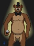  anthro bear bleuxwolf blue_eyes bow_tie brown_fur chest_tuft chubby five_nights_at_freddy&#039;s freddy_(fnaf) front_view fur hat male mammal microphone muscles pecs spotlight top_hat tuft video_games 