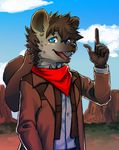  2015 anthro blue_eyes cape clothed clothing coat cowboy cowboy_hat cute dessert food gesture hat hyena male mammal mayobug scarf shirt shota vest western young 