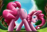  2015 anus blue_eyes butt cutie_mark dock earth_pony equine female feral friendship_is_magic hair horse long_hair looking_at_viewer mammal my_little_pony otakuap outside pink_hair pinkie_pie_(mlp) pony pussy smile solo tongue tongue_out tree 