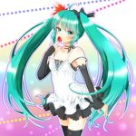  absurdres ahoge aoi_(kiyokiyoaomushi) blush dress elbow_gloves fingerless_gloves food fruit gloves green_eyes green_hair hatsune_miku highres long_hair looking_at_viewer nail_polish solo strawberry thighhighs twintails very_long_hair vocaloid 