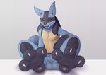  2015 anthro balls blue_fur canine claws dreiker foot_focus front_view fully_sheathed fur green_eyes hindpaw looking_at_viewer lucario male mammal muscles nintendo paws pok&eacute;mon sheath sitting smile solo spike toes video_games yellow_fur 