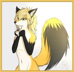  beverage black_fur canine fluffy_tail fox fur girly green_eyes male mammal nirai nude plain_background solo tea theredfox white_background yellow_fur 