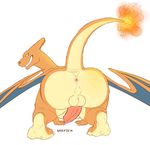  anus ass_up backsack balls butt charizard claws cum dragon feet feral fire green_eyes grin horn long_neck looking_at_viewer looking_back male nintendo penis pok&eacute;mon presenting rear_view scalie simple_background skaifox solo spread_legs spreading teeth video_games wings 