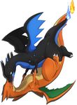  3_fingers 3_toes ambiguous_gender blue_eyes charizard claws dragon duo fire hand_holding horn long_neck mega_charizard mega_charizard_x mega_charizard_y mega_evolution nintendo on_top open_mouth plain_background pok&eacute;mon red_eyes scalie teeth toes video_games wings ＋&alpha; 