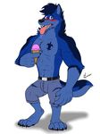  4_toes 5_fingers abs biceps bleuxwolf blue_eyes blue_fur blush canine chest_tuft clothing drooling food fur ice_cream looking_at_viewer male mammal muscles pants pecs plain_background saliva solo standing tattoo teeth toes tongue tuft were werewolf white_background wolf 
