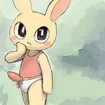  anthro big_eyes blush bow bronzecatworld clothing crossdressing cute drooling erection fur lagomorph looking_at_viewer male mammal open_mouth panties penis rabbit saliva shirt solo standing tank_top tapering_penis underwear yellow_fur 