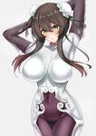  armpits arms_behind_head arms_up bangs blush bodysuit breasts brown_hair bun_cover chinese_clothes commentary_request covered_navel double_bun fate/grand_order fate_(series) green_eyes green_ribbon hair_between_eyes hair_ribbon highres hips large_breasts long_hair looking_at_viewer parted_lips qin_liangyu_(fate) ribbon sankakusui sidelocks simple_background solo thighs white_background white_bodysuit 