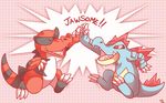  3_toes abstract_background alligator ambiguous_gender blue_scales claws crocodile duo feraligatr high_five jumping krookodile nintendo open_mouth pok&eacute;mon pose raizy red_scales reptile scalie text toe_claws toes video_games 