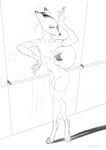  anthro ballet barre canine claws clothing crossdressing elbow_gloves flaccid fox girly gloves legwear looking_at_viewer male mammal mirror monochrome nude penis pose reflection sketch thigh_highs tiptoes uncut wide_hips zaggatar 