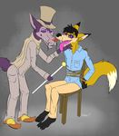  boomtown_fox bound canine clothed clothing dirtypaws drooling duo eyewear glasses hat hypnosis mammal mind_control moriarty saliva sherlock_hound_(series) top_hat wolf 