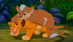  bite cub disney duo eye_contact feline feral happy hi_res jungle lion male male/male mammal open_mouth outside simba smile teeth the_giant_hamster the_lion_king young 