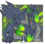  2015 blue_scales brachydios brute_wyvern capcom cum drooling erection feral glowing green_scales horn male monster_hunter open_mouth penis pinup plain_background pose red_eyes saliva scalie solo tongue tongue_out video_games whimsydreams 