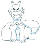  angry anthro aogami balls bed cage canine chastity clothing collar crossed_arms cub digimon fluffy_tail fox gloves male mammal monochrome nude on_bed padlock renamon signature sitting solo young 