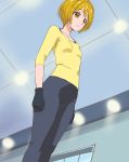  black_gloves blonde_hair brown_eyes clenched_hands eyebrows_visible_through_hair from_below gloves haruyama_kazunori hugtto!_precure indoors kagayaki_homare precure shirt short_hair solo standing yellow_shirt 