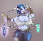  armor big_breasts blue_hair blue_lips blue_skin breasts busy clothed clothing elf eyewear female gloves goggles green_eyes hair happy helping huge_breasts mixture night_elf nipples not_furry randomboobguy robot_arms smile solo tattoo tools video_games warcraft wrench writing 