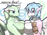  2013 3_fingers abstract_background anthro big_breasts blue_eyes blue_hair breast_squish breasts chest_tuft clothing collar dragon duo female fur furred_dragon gloves grey_fur hair horn kemono latte_(artist) long_hair looking_at_viewer mischka oka_(komatarou) open_mouth pink_fur tuft wings 