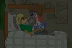  avian bed bedroom bird blonde_hair blue_feathers blue_jay book bottomless brown_fur brown_hair cartoon_network clothed clothing duo frottage fur hair half-closed_eyes half-dressed handjob holding_bed iheartrainbowsnskittles inside male male/male mammal mordecai_(regular_show) on_bed open_mouth pants penis pillow poster precum raccoon regular_show rigby_(regular_show) sex shirt tongue uncut young 