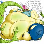  anthro anthrofied belly big_belly clothing english_text equine fluttershy_(mlp) force_feeding forced friendship_is_magic green_eyes hair hat hi_res inflation mammal monster my_little_pony navel nightmareeclipse obese overweight pink_hair slime text torn_clothing 