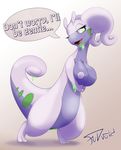  absurd_res big_breasts breasts dragon english_text female fudroid gastropod goodra green_eyes hi_res naughty_face nintendo nipples nude pok&eacute;mon pussy scalie slime slug smile solo speech_bubble standing text video_games 