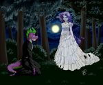  2015 aged_up anthro anthrofied blue_eyes bush clothed clothing cloud dragon dress duo equine eyeshadow female friendship_is_magic full_moon grass green_eyes hair horn kneeling long_hair makeup male mammal moon my_little_pony outside pia-sama purple_hair rarity_(mlp) scalie spike_(mlp) standing tears torn_clothing tree unicorn 