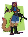  animal_ears anthro clothing feline gloves hair jacket long_claws longblueclaw looking_at_viewer mammal purple_hair solo weaponry 