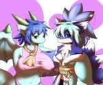  2012 abstract_background als_(latte) anthro big_breasts blue_fur blue_hair blue_skin breasts canine chest_tuft cleavage clothed clothing cyan_hair dragon duo erect_nipples female fox fur hair horn japanese_clothing kemono kimono latte_(artist) looking_at_viewer mammal navel nipples purple_eyes robe swimsuit tuft wide_hips wings yellow_eyes 