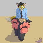  boomtown_fox canine clothed clothing embarrassed eyewear foot_focus fox glasses hi_res male mammal necktie pawpads paws pink_pawpads sitting solo sorcererlance unsure 