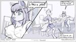  2015 angry anthro belly big_belly big_breasts breasts canine claws clothed clothing comic dialogue duo english_text faf female food fox hand_on_belly hetty jimmy male mammal monochrome nipples speech_bubble text translucent underwear wolf 
